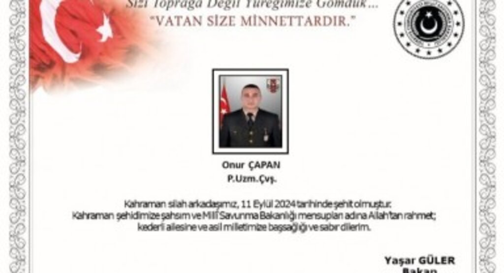 Valilik: Şehit Uzman Çavuş Onur Çapan Isparta’da toprağa verilecek